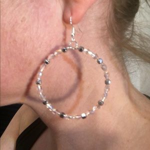 Pink and silver metal dangle hoop earrings